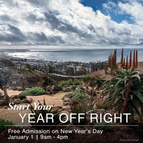 View of a coastal landscape with succulents and a body of water. Text in the image promotes free admission on New Year's Day, January 1, from 9 am to 4 pm.