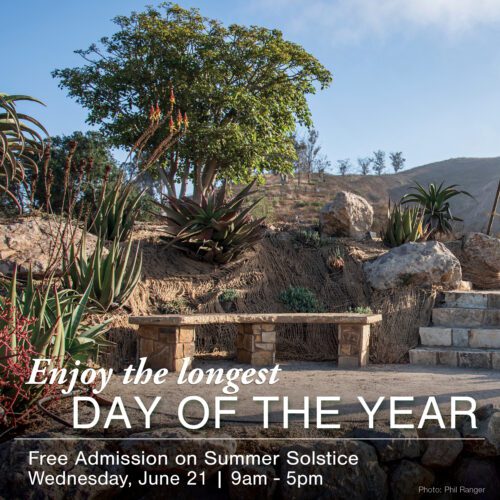 Outdoor scene with a wooden bench, large plants, and rocks in a natural setting under a sunny sky. Text: "Enjoy the longest DAY OF THE YEAR, Free Admission on Summer Solstice, Wednesday, June 21 | 9am - 5pm.