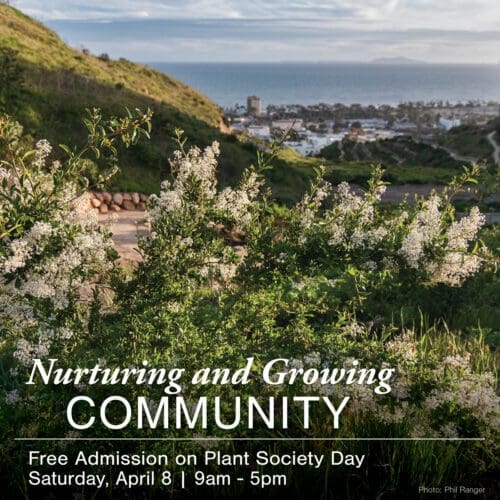 Text: 'Nurturing and Growing Community', Background: Image of the Ventura Botanical Gardens overlooking Ventura Beach (photo: Phil Ranger)