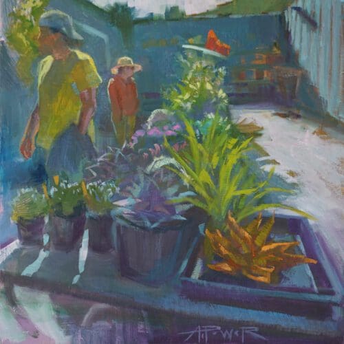 Painting by Anette Power depicting two individuals near a table with potted plants, one wearing a yellow shirt and the other in a red shirt and hat, under a sunlit garden setting.