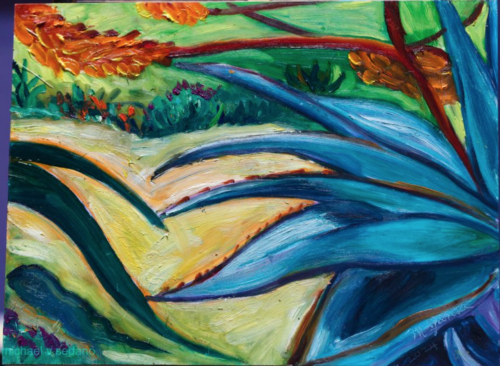 A vibrant, abstract painting by Margaret Garcia features large, blue-tinted leaves against a background of green, orange, and yellow hues. The artwork includes textured brushstrokes and bold colors.