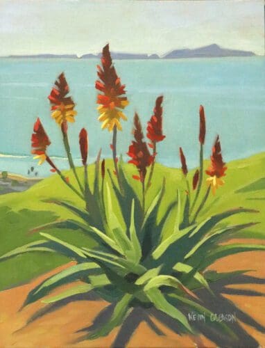 A painting by Kevin Gleason features tall red and yellow flowers with long green leaves in the foreground, set against a background of a green field and blue ocean.