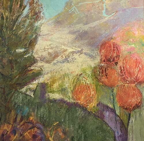 A vibrant painting by Kay Zetlmaier depicting a natural landscape with abstract elements, showcasing red flowers, a tree, and a mountainous background under a partly cloudy sky.