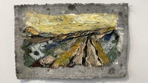 Abstract painting by John Robertson with thick, textured strokes depicting a landscape using muted tones of green, brown, and yellow on a worn canvas.