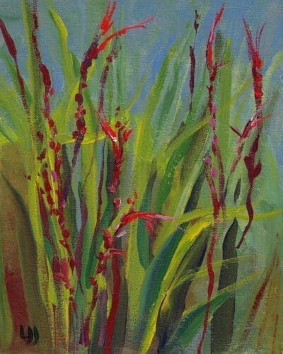 A painting by Laura Jespersen depicting green and yellow tall grasses with red flower spikes against a blue sky background.