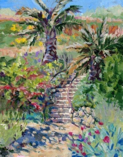 Painting by Laura Jespersen of a stone stairway winding through vibrant greenery and flowering plants, with two palm trees in the background under a clear sky.