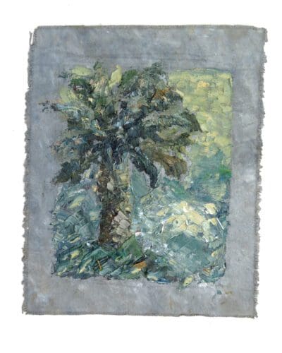 A textured painting by John Robertson depicts a single palm tree with a mix of green and blue tones on a rough, rectangular canvas.