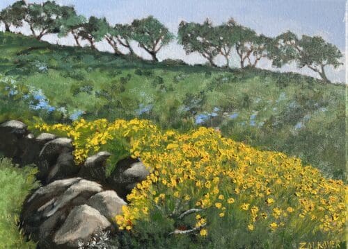 A landscape painting depicts a field of vibrant yellow flowers in the foreground, a stone wall, and a row of trees in the background under a blue sky. Sorry, but the given description is too brief and doesn't provide enough context to accurately generate relevant SEO keywords.