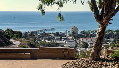 View from a hilltop overlooking a coastal town with buildings, a pier extending into the ocean, and a tree in the foreground—a perfect spot to plan your next event.