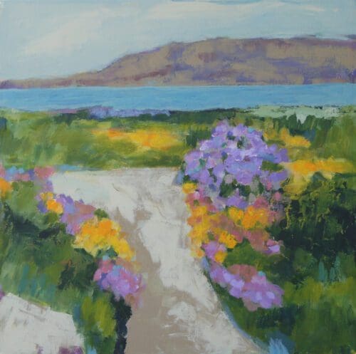 A painting by Mary Scott depicts a path lined with purple and yellow flowers leading to a body of water, with hills in the background under a partly cloudy sky.