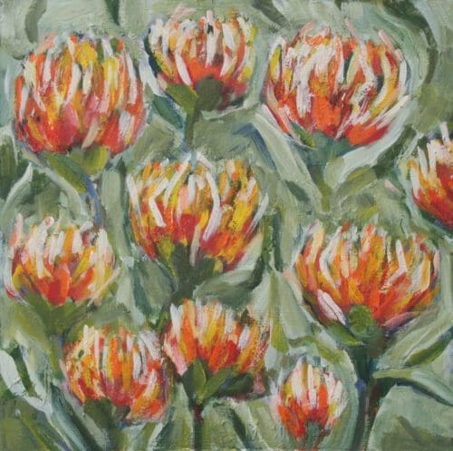 A painting by Mary Scott of vibrant orange and red flowers with green leaves in a loose, impressionistic style.