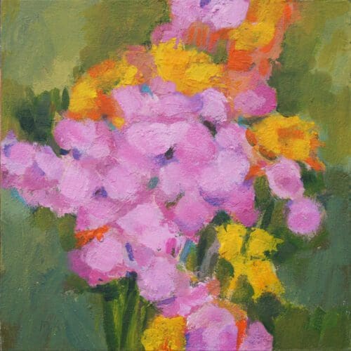 A stunning painting by Mary Scott featuring vibrant pink and yellow flowers with green foliage in the background.