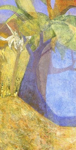 An abstract painting by Kay Zetlmaier features a large tree with green and yellow foliage, a purple and blue trunk, and a textured background of earthy tones transitioning to blue hues.