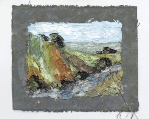 A textured painting by John Robertson depicts a landscape with hills, trees, and a cloudy sky on a rough-edged canvas. The colors are predominantly green, brown, and blue.