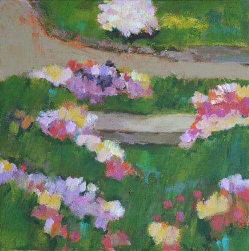 A painting by Mary Scott of a garden with a pathway, featuring brightly colored flowers in shades of pink, purple, yellow, and white, set against lush green foliage.