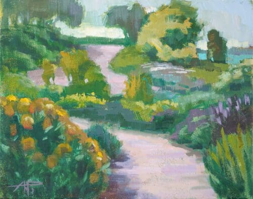 The painting by Anette Power depicts a serene garden path surrounded by lush greenery and vibrant flowers, with trees in the background.