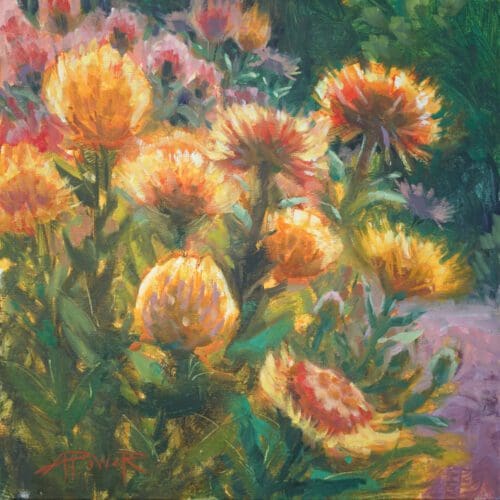 A vibrant oil painting by Anette Power depicts a cluster of orange and yellow flowers with green foliage. The artist's signature appears in the bottom left corner.