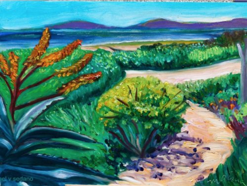 A vibrant painting by Margaret Garcia depicts a scenic coastal landscape with a winding path, lush greenery, and orange blossoms, set against the backdrop of a serene blue ocean and distant hills.