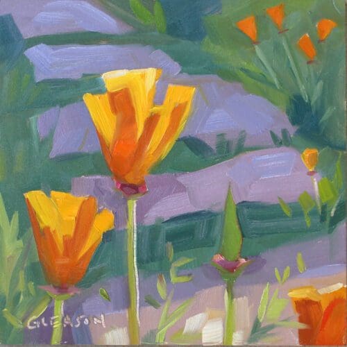 A painted depiction of orange flowers, possibly poppies, with green stems and leaves against a background of abstract purple and green shapes. Kevin Gleason's signature is visible in the bottom left corner.