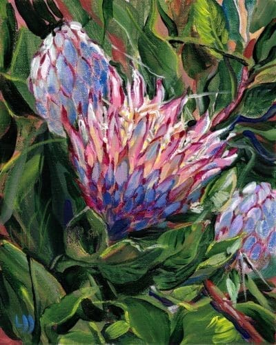 A close-up painting by Laura Jespersen showcases vibrant flowers and green foliage, featuring a prominent pink and white bloom amidst detailed leaves.