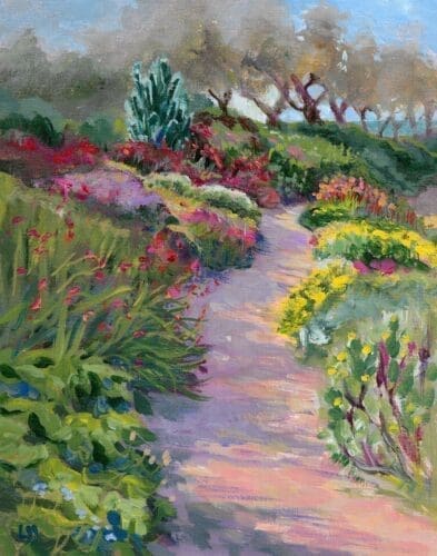 A Laura Jespersen painting depicting a garden path lined with colorful flowers and green foliage, leading towards a background of trees under a blue sky.