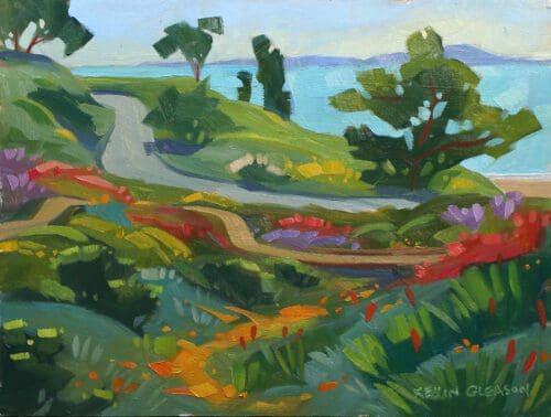 A vibrant painting by Kevin Gleason depicts a winding path through a colorful, lush landscape with various plants. In the background, there's a body of water and distant hills under a light blue sky.