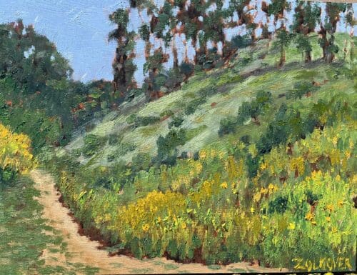 A Ron Zolkover painting depicts a dirt path winding through a grassy hillside with trees and yellow flowers under a clear blue sky.