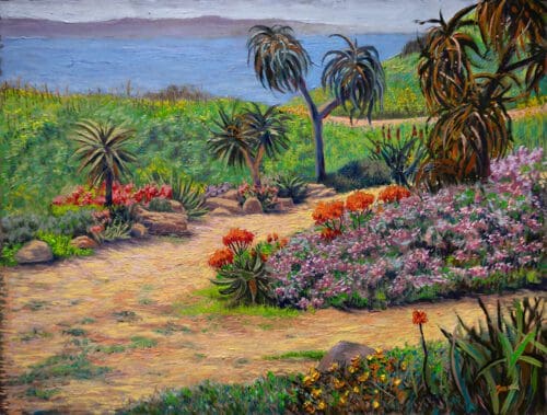 A vibrant coastal landscape painting by Ruben Zavala with various colorful plants, trees, and a path leading to the ocean. The sky is clear, and the overall scene is lush and serene.