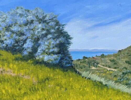 A landscape painting by Ron Zolkover features a tree with lush foliage next to a grassy hill under a blue sky, with a distant view of the ocean horizon.