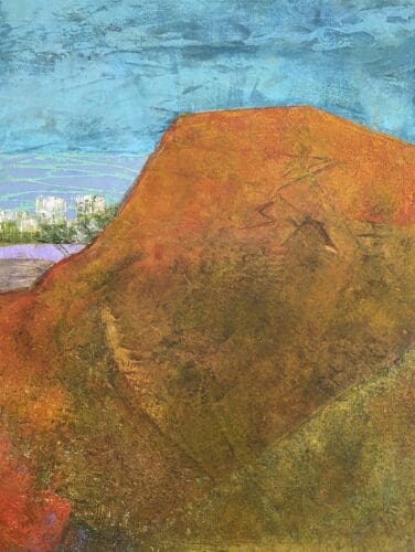 An abstract painting by Kay Zetlmaier depicts a large, rust-colored hill under a blue sky with white buildings faintly visible in the background.