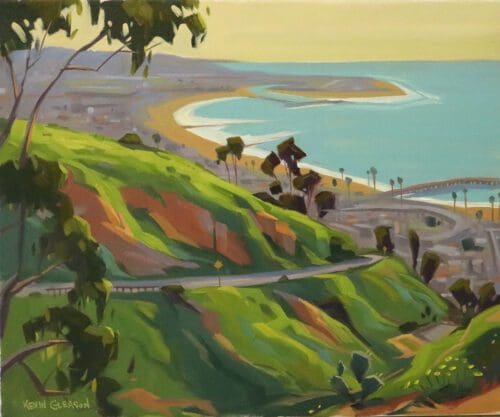 A painting by Kevin Gleason depicts a coastal landscape with rolling green hills in the foreground and a view of the ocean and distant shoreline in the background. A winding road cuts through the hills, capturing the serene beauty of nature.