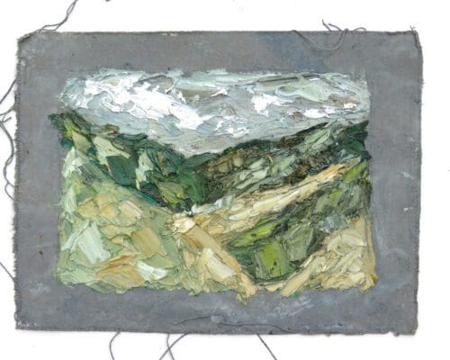 An abstract painting by John Robertson on a canvas depicts a textured green and white landscape with visible brushstrokes and rough edges.