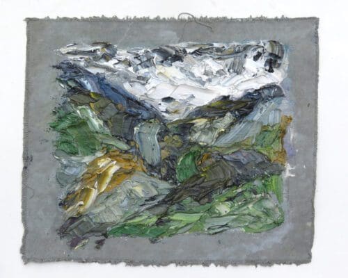 A small abstract painting by John Robertson on a gray canvas features thick, textured brushstrokes in shades of green, yellow, blue, white, and black, resembling a rugged landscape.