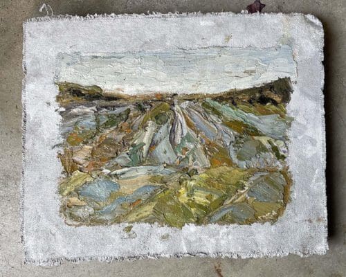 Textured painting of a landscape on a roughly cut square canvas by John Robertson. The image features abstract, thick brushstrokes in earthy tones depicting natural scenery, possibly fields or hills.