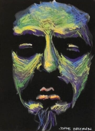 A colorful, abstract portrait on a dark background features a somber face with prominent use of green, purple, and yellow tones. The artist Jorge Beltran has signed his name at the bottom right.