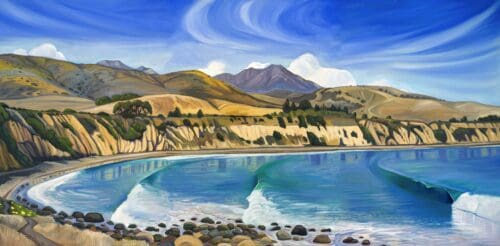 Jeremy Harper's painting captures a coastal landscape with blue waves, a curving sandy beach, rocky shoreline, rolling hills, and a partly cloudy, vibrant blue sky.