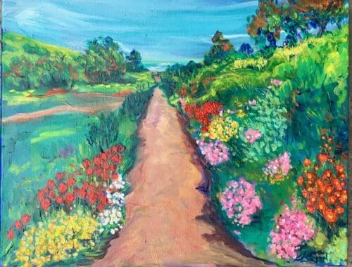 A colorful painting by Gloria Vasquez-Warner of a dirt path lined with vibrant flowers and green foliage under a bright blue sky.