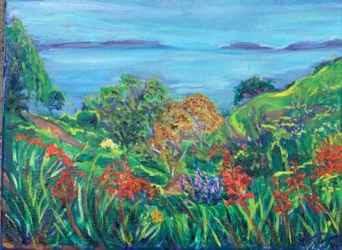 A vivid painting by Gloria Vasquez-Warner depicts a lush landscape featuring various trees, colorful flowers, and distant hills under a blue sky.