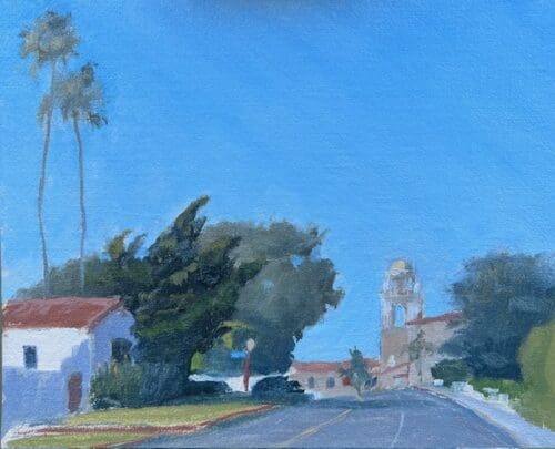 A painting by Doug Singletary depicting a street scene with trees, two tall palm trees, and distant buildings under a clear blue sky.