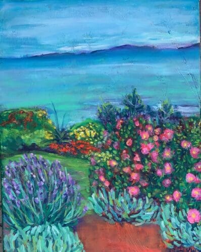 A colorful landscape painting by Gloria Vasquez-Warner showcases a garden with lush greenery, vibrant flowers, and a distant view of the ocean under a blue sky.