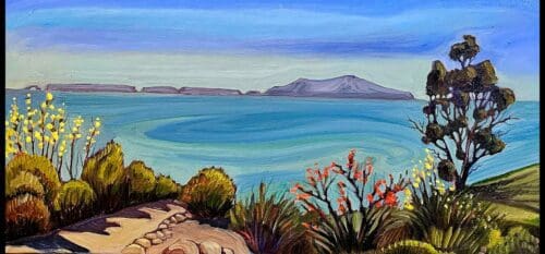 A colorful painting by Jeremy Harper captures a coastal landscape with a footpath, various plants, and trees in the foreground, overlooking a vast body of water with distant islands under a blue sky.