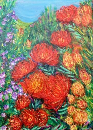 A colorful painting by Gloria Vasquez-Warner features large red and orange flowers surrounded by green foliage and some smaller purple flowers in the background, with a bright blue sky above.