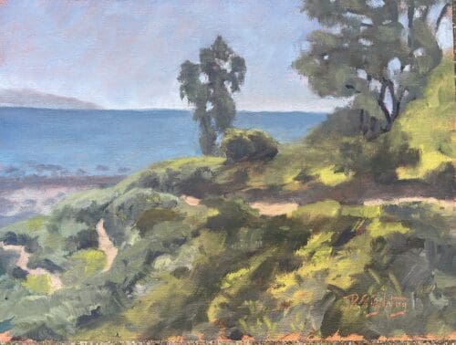 A landscape painting by Doug Singletary of a coastal scene with a view of the ocean in the background and greenery in the foreground, including trees and bushes.