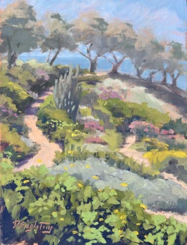 Impressionist painting of a garden path by Doug Singletary, featuring colorful flowers and trees under a blue sky.