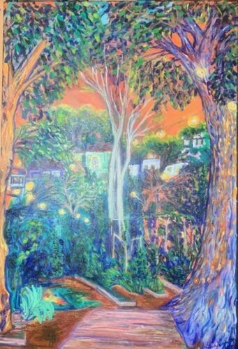 A vibrant painting by Gloria Vasquez-Warner depicts a garden scene at twilight with colorful trees, bushes, and glowing lights hung between the branches, leading towards a background of houses under an orange sky.