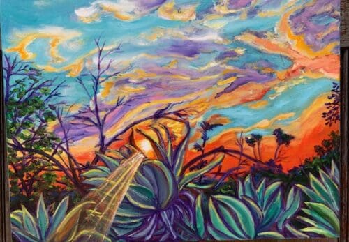 A painting by Gloria Vasquez-Warner depicts a vibrant sunset with colorful clouds and a setting sun over a landscape of lush, oversized plants and leafless trees in the foreground.