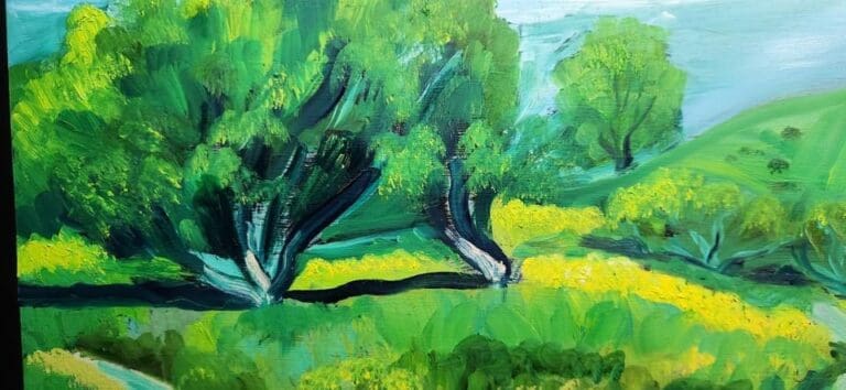 A vibrant painting by talented artists depicts a lush green landscape with several trees and yellow flowers, set against a blue sky.