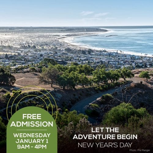 A coastal cityscape view with greenery in the foreground and ocean in the background. Text reads Free Admission Wednesday, January 1, 9AM - 4PM. Celebrate Free Day and let the adventure begin New Year's Day.