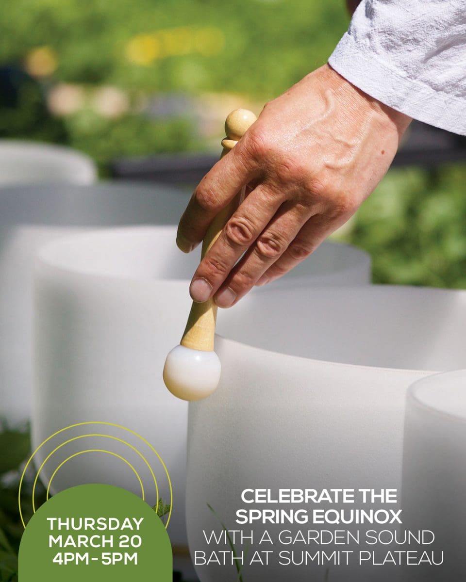 A hand holding a mallet above a white sound bowl in a garden. Text reads: Celebrate the Spring Equinox with a dual healer sound bath at Summit Plateau. Thursday, March 20, 4PM-5PM.