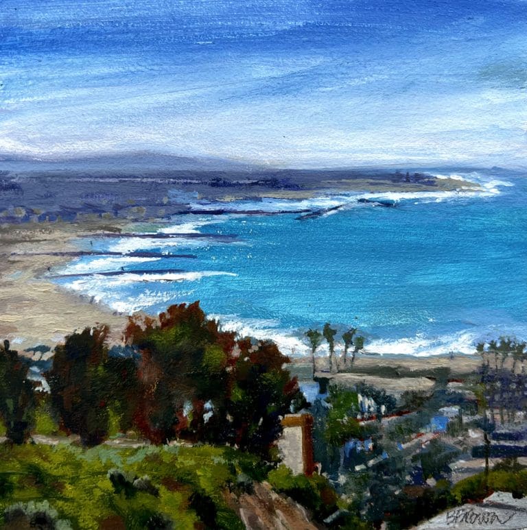 A coastal landscape painting showing waves crashing on a beach with trees and greenery in the foreground and distant hills under a cloudy, blue sky.